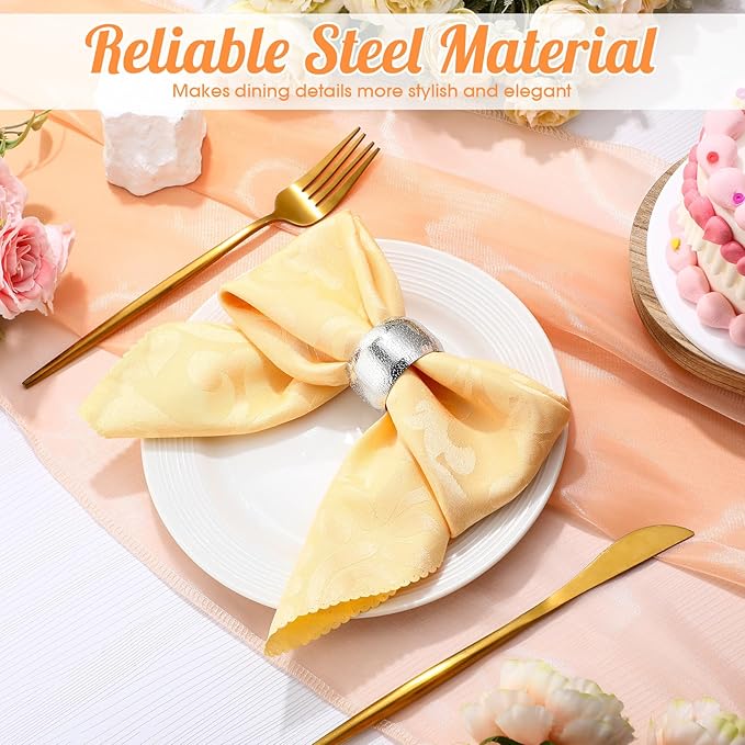 Lallisa 24 Pcs Gold Napkin Rings Metal Napkin Ring Holders for Cloth Table Decorations for Wedding Anniversary Birthday Dinners Party of Table Setting (Silver)
