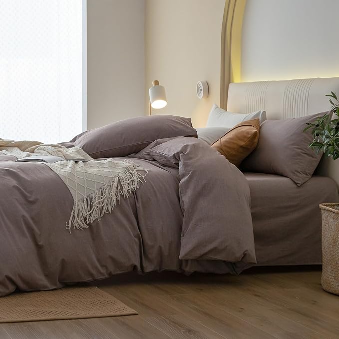 JIYUAN 100% Washed Cotton Duvet Cover Set 3 Pieces Oversized Queen, 1 Duvet Cover 98x98 Inches(Comforter Not Included) and 2 Pillowcases,Linen Like Comfy and Breathable, Heathered Mauve Brown