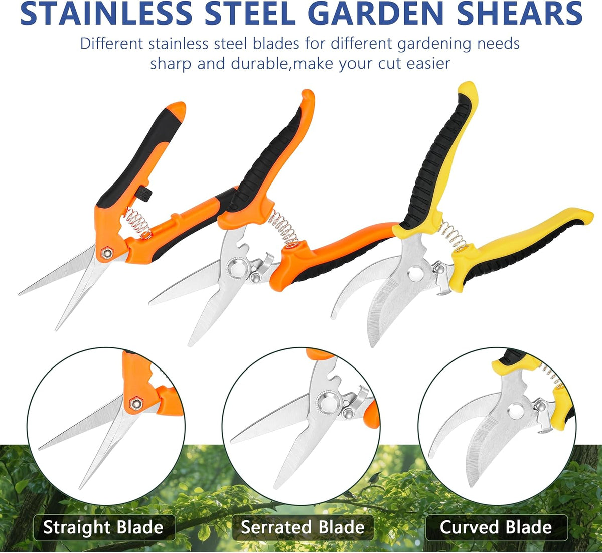 3-pack Garden Pruning Shears Set with Stainless Steel Blades, Bypass Pruners, Handheld Secateurs, Tree Trimmers, & Scissors Whetstone,a Clean Brush and a Hard Case, Ideal for trimming, pruning