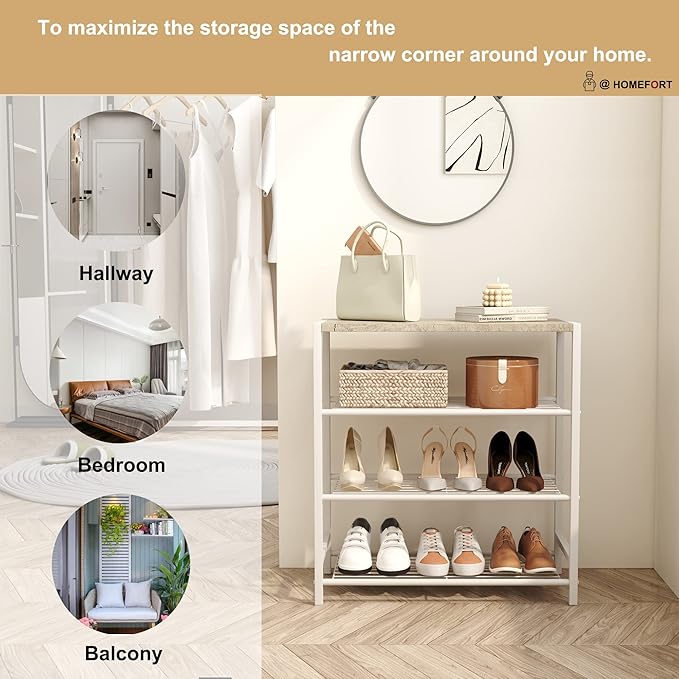 HOMEFORT 4-Tier Shoe Rack, Modern Industrial Shoe Storage Tower, Narrow Shoe Organizer for Closet Entryway, Small Shoe Rack Table with Durable Metal Shelves and MDF Top, White Oak