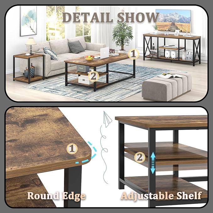 EXCEFUR Modern Coffee Table, Rustic Wood and Metal Living Room Table with Storage Shelf, Industrial Brown, 47 Inch