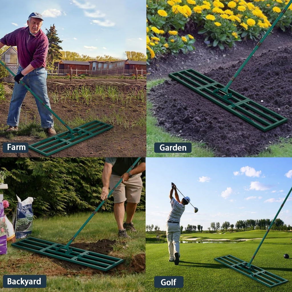 Lawn Leveling Rake Heavy Duty Stainless Steel Lawn Leveler Tool 45”x10” with 78” Adjustable Long Handle Yard Level Rake for Soil, Ground,Backyard Dressing,Golf Field,Garden Tools Grass Seed