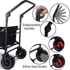 TMZ All Terrain Utility Folding Wagon, Collapsible Garden Cart, Heavy Duty Beach Wagon, for Shopping, Camping, and Outdoor Activities with Push Handle and Brakes (Black/Grey)