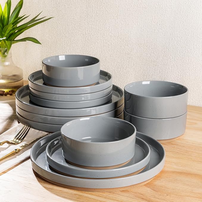 AmorArc Ceramic Dinnerware Set for 6 | Speckled Stoneware Plates and Bowls with Rustic Terracotta Underside| Scratch Resistant,Dishwasher & Microwave Safe Dishes Sets- 18pcs Gray