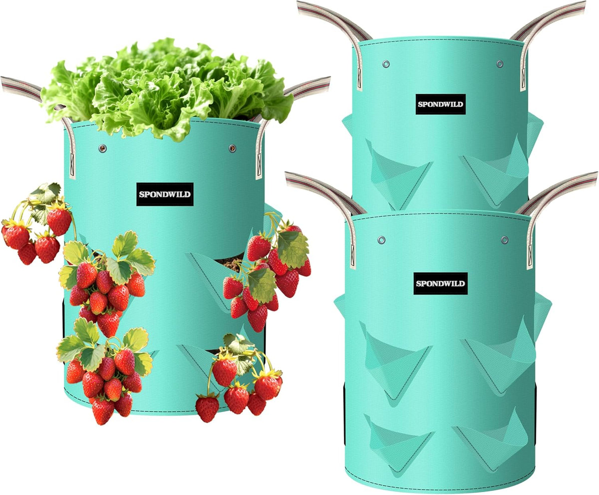 3 Pack 10 Gallon Strawberry Grow Bags, Heavy Duty Reusable PE Pots with Breathable Window, Branch & Drainage Holes, Reinforced Handles for Strawberries, Veggies, Flowers, Balcony/Patio Use
