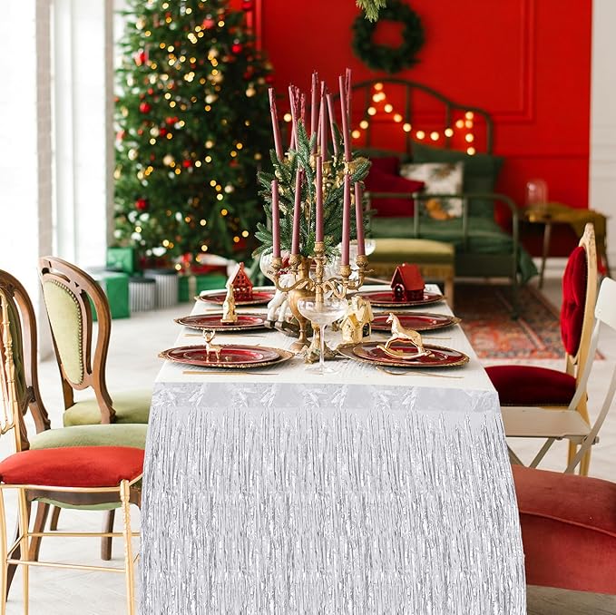 4 Pack 29.5x108 Inch Metallic Foil Fringe Tinsel Table Skirts, Streamer Garland Curtains Backdrop for Rectangle Tables Wedding Birthday Parade Floats Christmas Party Decoration(Silver)