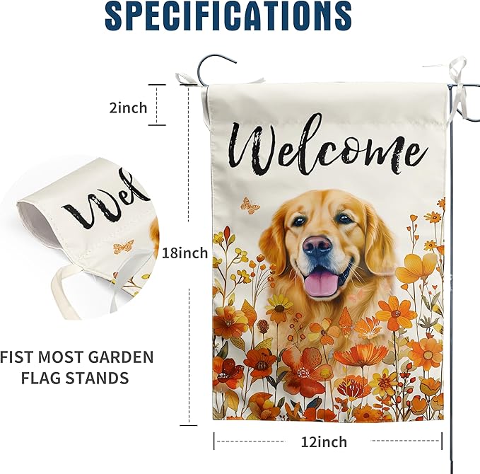 Floral Golden Retriever Garden Flag Fall Yard Flag Wildflower Dog Garden Flags Orange Autumn Lawn Flags Welcome Thanksgiving Outdoor Flags for Outside 12x18 Double Sided Small