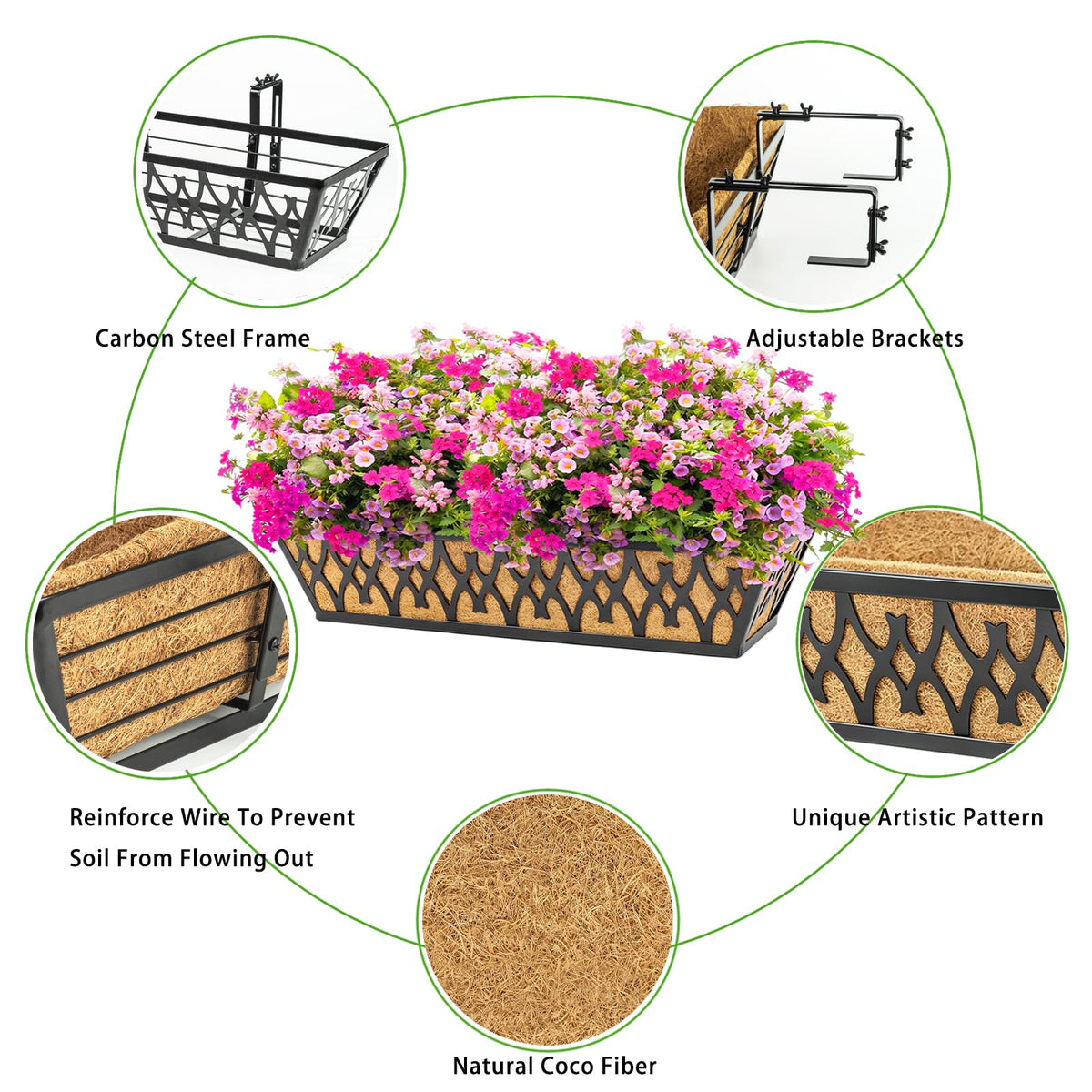 4 Pack 24 Inch Window Boxes Planters for Outdoor Plants Railing Planter Box with Adjustable Brackets for Windowsill Porch Fence Patio Hanging Flower Coco Baskets for Outside Decoration - Black