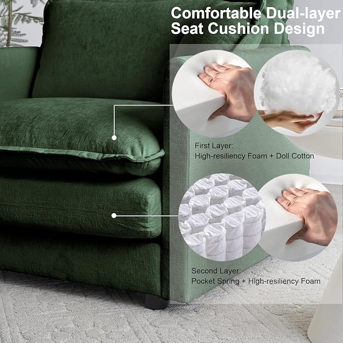 KIVENJAJA Chenille Loveseat Sofa, Oversized 2-Seater Small Cloud Couch, Modern Comfy Deep Seat Love Seat with 4 Pillows for Living Room Bedroom Office Apartment, 76.7”W, Green