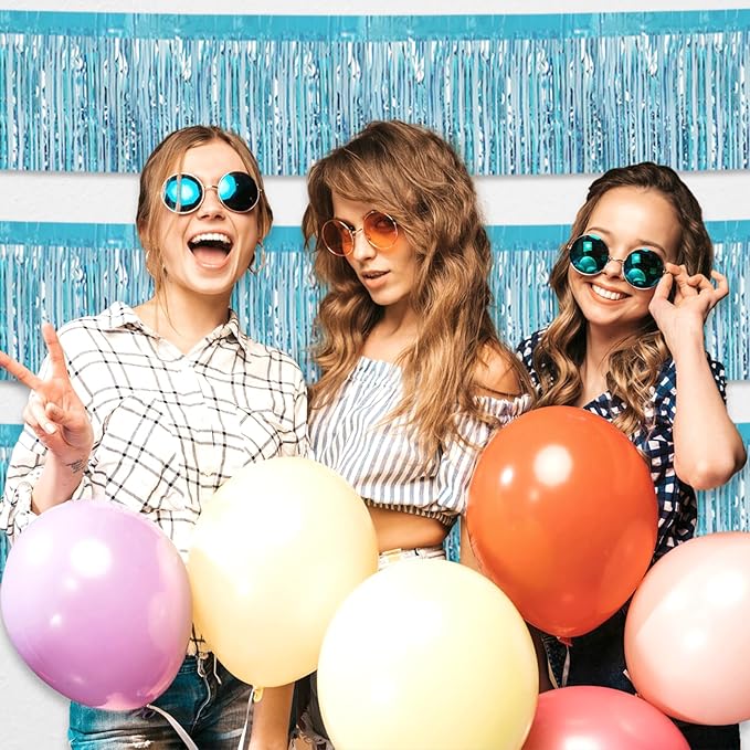 3 Pack 10 Feet Light Blue Metallic Foil Fringe Garland Wall Hanging Tassle Banner, Mother's Day, Easter, Parade Floats, Birthday, Theme Party, Wedding Party Decorations
