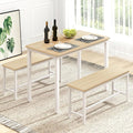 Rovibek 43" Dining Table Benches Set for 4, Modern Space Saving Kitchen Table Chairs & Adjustable Feet Breakfast Table 2 Benches, Wooden Industrial Style Farmhouse, White