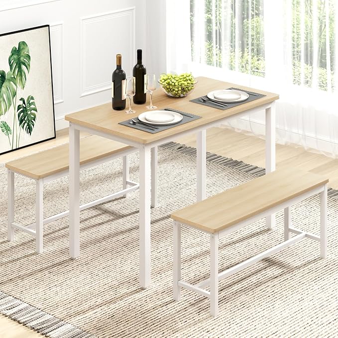 Rovibek 43" Dining Table Benches Set for 4, Modern Space Saving Kitchen Table Chairs & Adjustable Feet Breakfast Table 2 Benches, Wooden Industrial Style Farmhouse, White