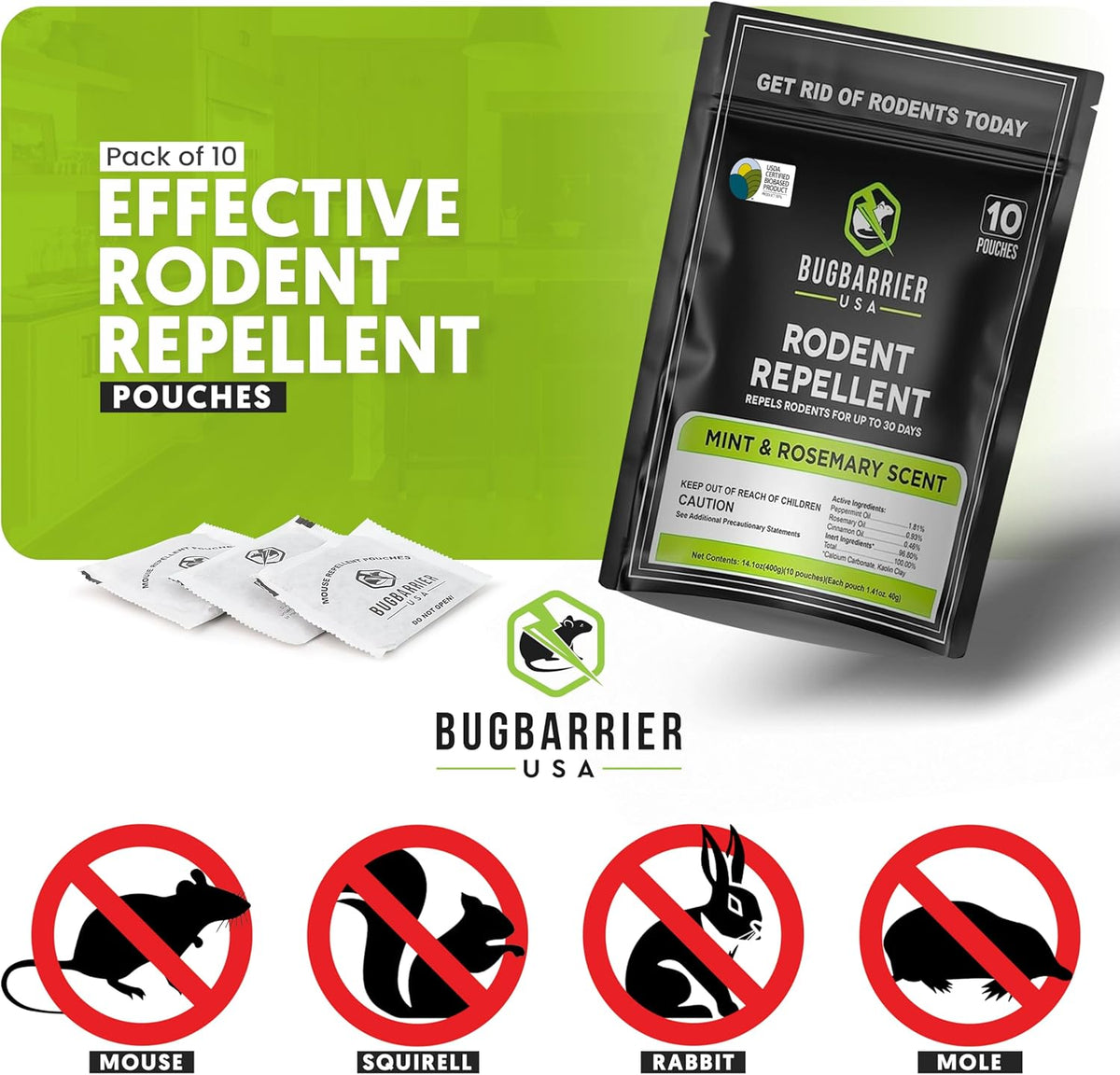 BugBarrier's Extra-Strength Mouse Repellent Deterrent Pouches, USDA 99% Biobased, Peppermint & Rosemary Oils Repel Mice Nesting in Car, RV, Boat, Garage, Shed, Cabin Made in The USA (Pack of 10)