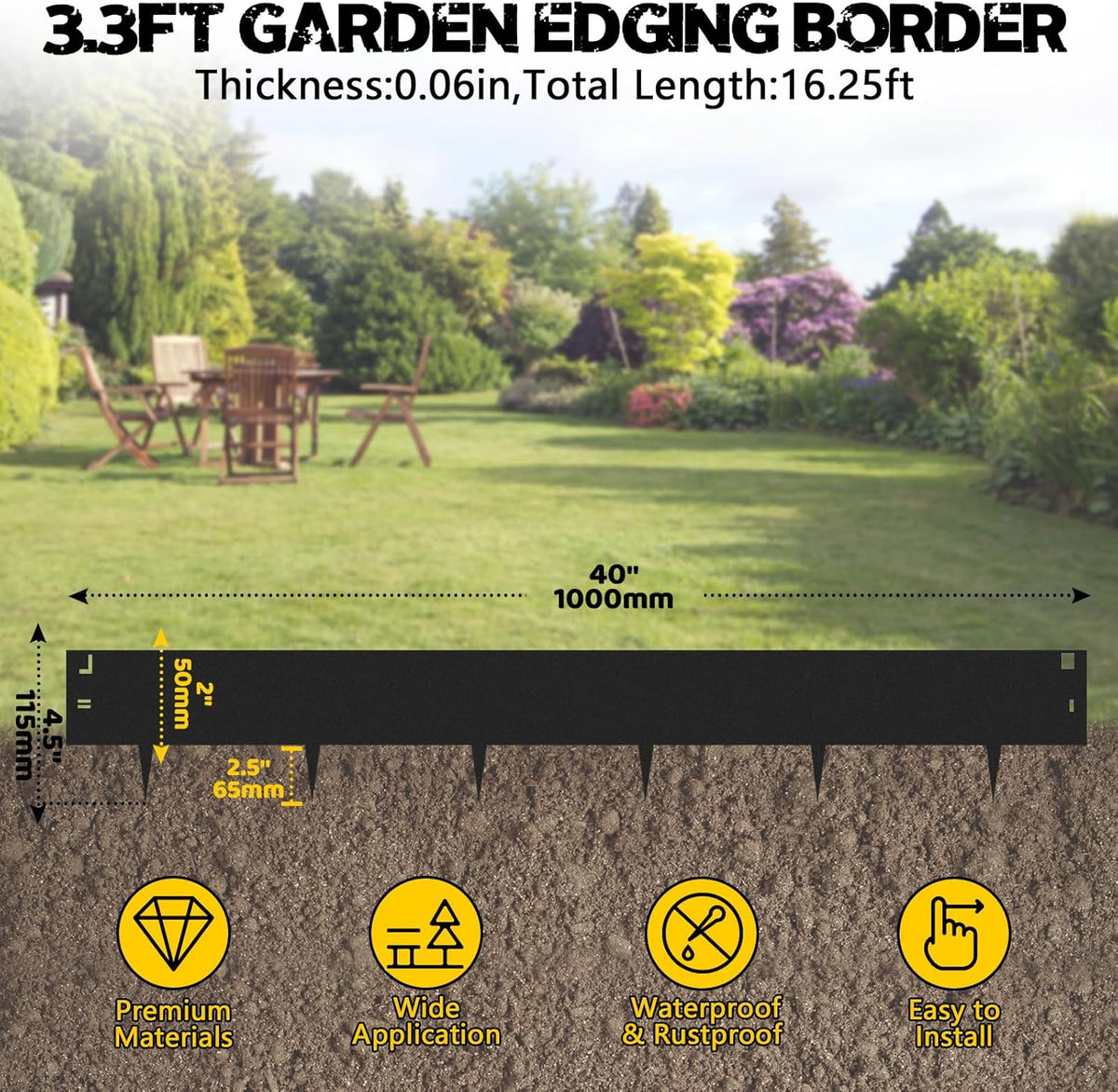 5Pack Galvanized Steel Landsacpe Edging,40“/L x 6.5"/H No Dig Edging for Landscaping,Garden Edging Lawn Border for Yard Pathway Divider(33FT Total Length)
