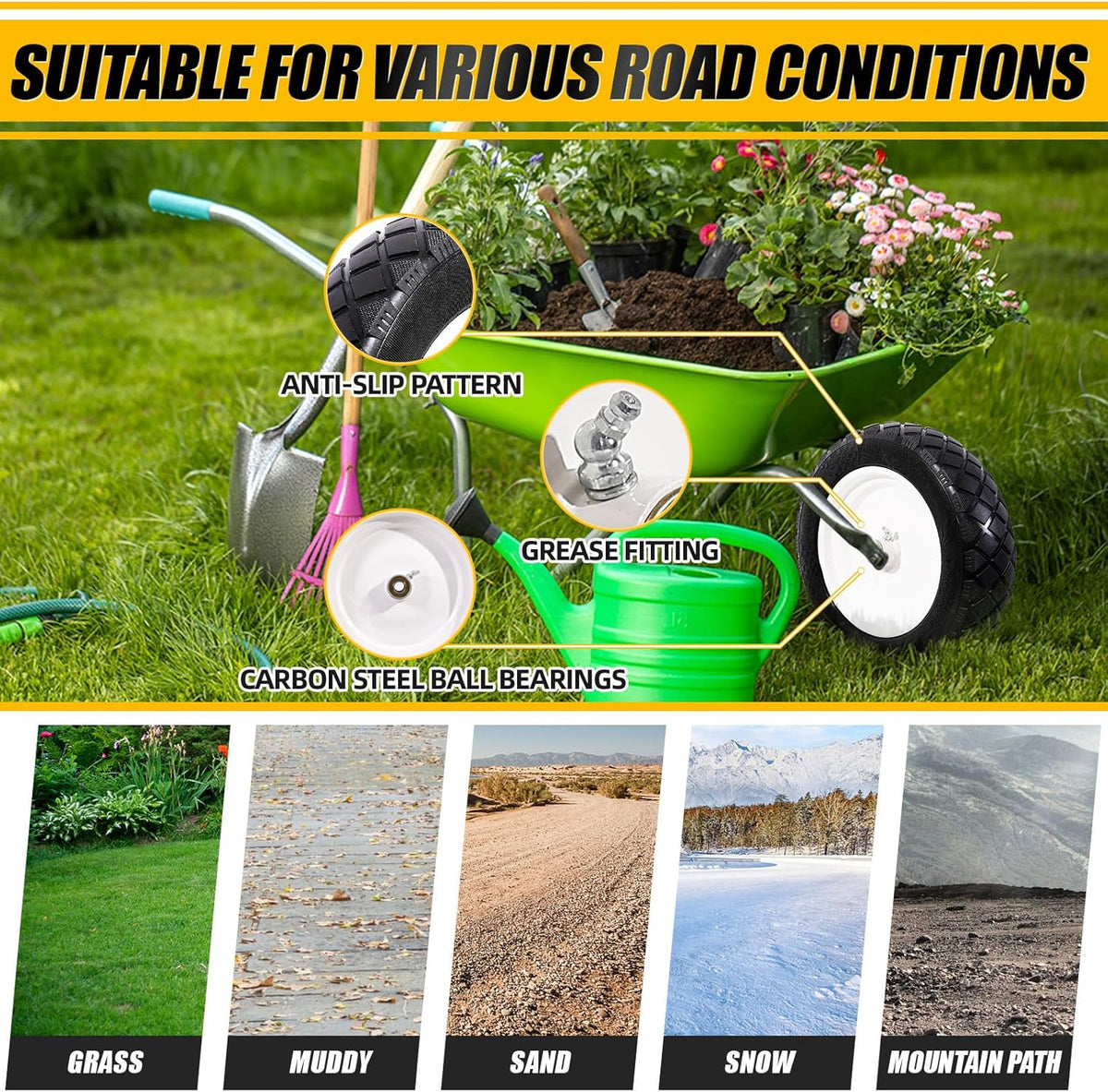 MZREXN 4.80/4.00-8" Flat Free Tire and Wheel, 15" Solid Wheelbarrow Tires, 3.00-4.00/4.80-8" with 5/8" & 3/4" Bearings, 3" Centered Hub for Hand Truck Garden Trailers Utility Cart Yard Wagon White