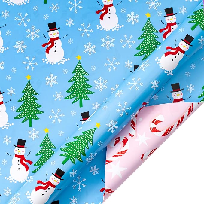 LeZakaa Christmas Wrapping Paper for Kids, Mini Roll, Red Truck, Snowman Christmas Tree in Blue & Pink Candy Cane Reversible Design for Winter Holiday Family Gathering, 17 inches x 32.8 Feet
