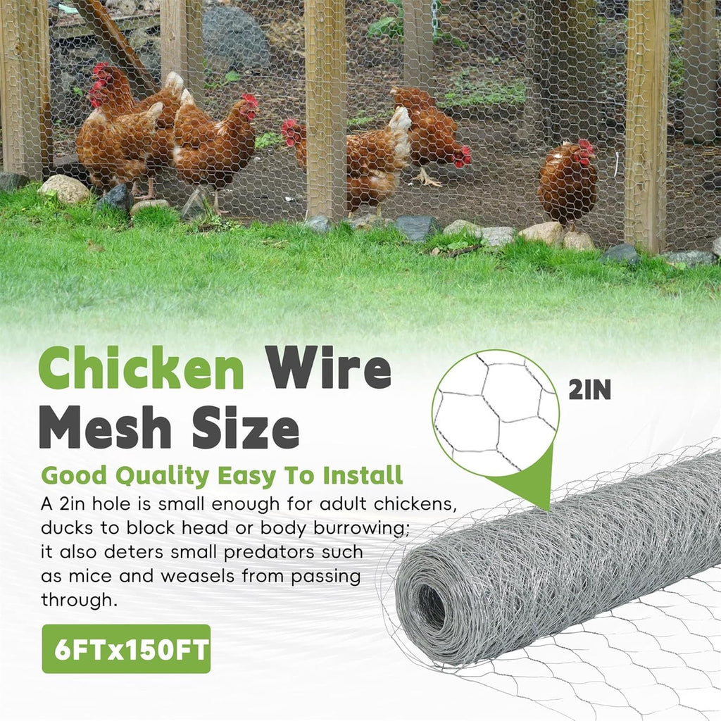 HOSTIC 6FTx150FT Chicken Wire Netting 2IN Galvanized Wire Mesh Hexagonal for Poultry Garden Fencing Barrier