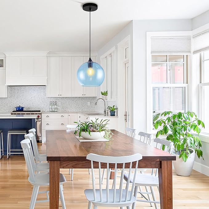 Blue Pendant Lights Kitchen Island Lighting Modern Globe Hand Blown Glass Pendant Light Ceiling Hanging Light fixtures for Kitchen Island Living Dining Room Light Fixture，9.8in 2Pack