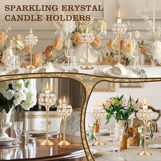 Crystal Candle Holders Set of 16 for Wedding Centerpieces Gold Or Silver Candle Holders Bulk Decorative Tealight Candle Holder for Wedding, Party,Table Centerpieces Decoration (Golden, 2 Sets(6 Pcs))