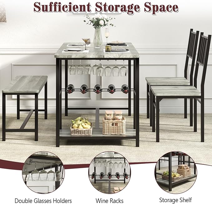 4 EVER WINNER Dining Room Table Set for 4, 55" Kitchen Table Set with Storage Shelf, Wine Rack & Wine Glasses Holder, Dining Table Set with 2 Chairs and Bench for Dining Room, Kitchen, Grey