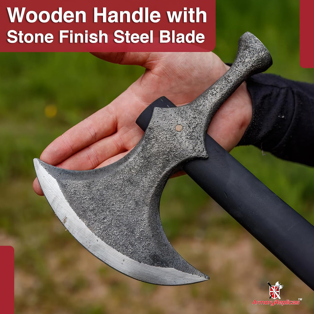 Armory Replicas™ Rustic Barbarian Hammerhead Battle Axe – 22.5" Steel Blade with Stone Finish & Wooden Handle – Versatile Tool for Camping, Outdoor Tasks