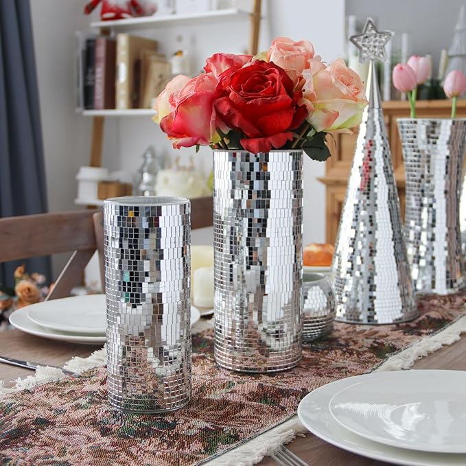 WDHODEC Disco Vase for Flowers 2 PCS Glass Mirror Vases for Living Room, Dining Room Centerpieces, Wedding Office Decorative Display Fresh Flowers, Candles, Or Seasonal Decorations