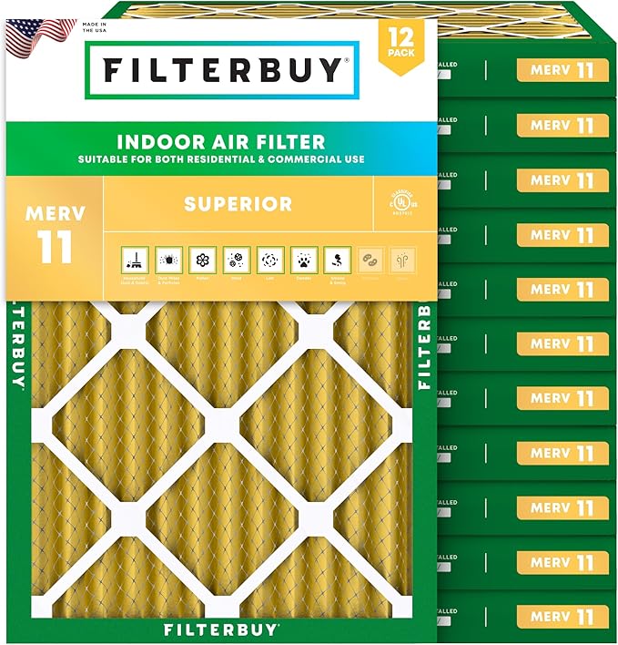 Filterbuy 14x20x2 Air Filter MERV 11 Superior Pet & Allergy Defense (12-Pack), Electrostatic Pleated HVAC AC Furnace Filters Replacement, Made in USA (Actual Size: 13.50 x 19.50 x 1.75)