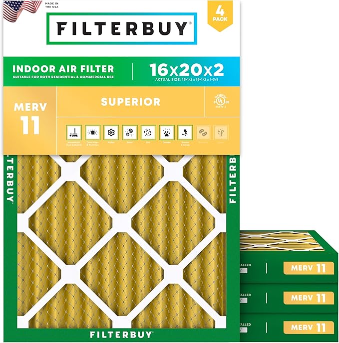 Filterbuy 16x20x2 Air Filter MERV 11 Superior Pet & Allergy Defense (4-Pack), Electrostatic Pleated HVAC AC Furnace Filters Replacement, Made in USA (Actual Size: 15.50 x 19.50 x 1.75)