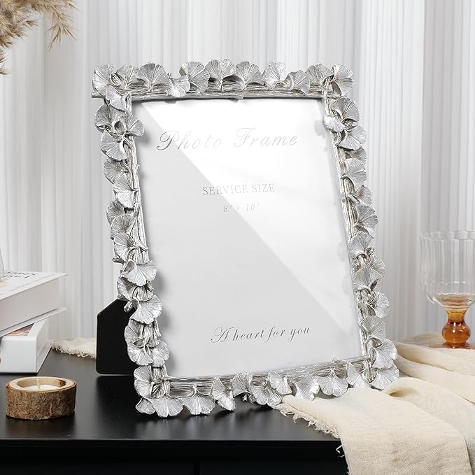 Cuspin Silver 8x10 Picture Frame, Vintage Silver Ornate Leaf Textured Hand-Crafted Resin with Glass Front Antique Photo Frame for Tabletop Display, Retro Design Home Decor