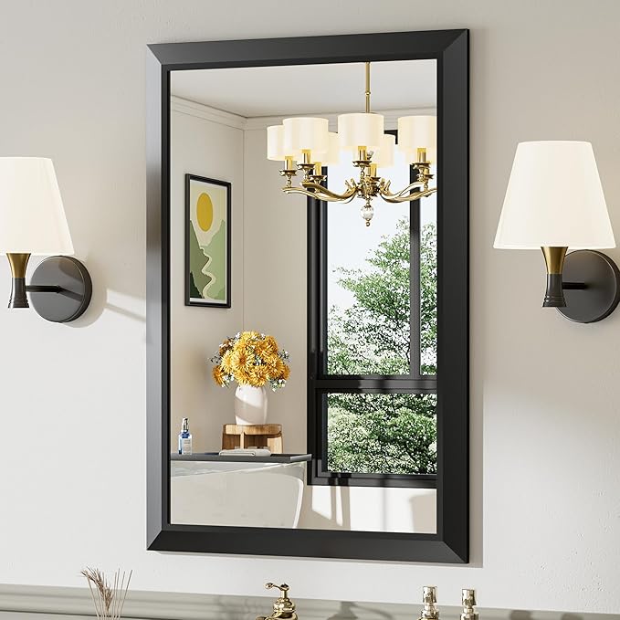 24x36 Inch Black Bathroom Mirror for Wall, Thick Metal Framed Rectangle Mirrors for Over Sink, Bedroom, Living Room, Entryway, Anti-Rust, HD Tempered Glass