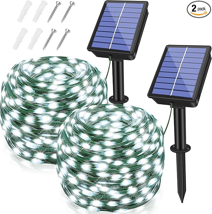 2 Pack Solar String Lights Total 480LED 158FT, IP67 Waterproof Solar Lights for Outside with 8 Modes, Upgraded Solar Panel Fairy Lights for Garden Party Wedding Decorations (Cool White)