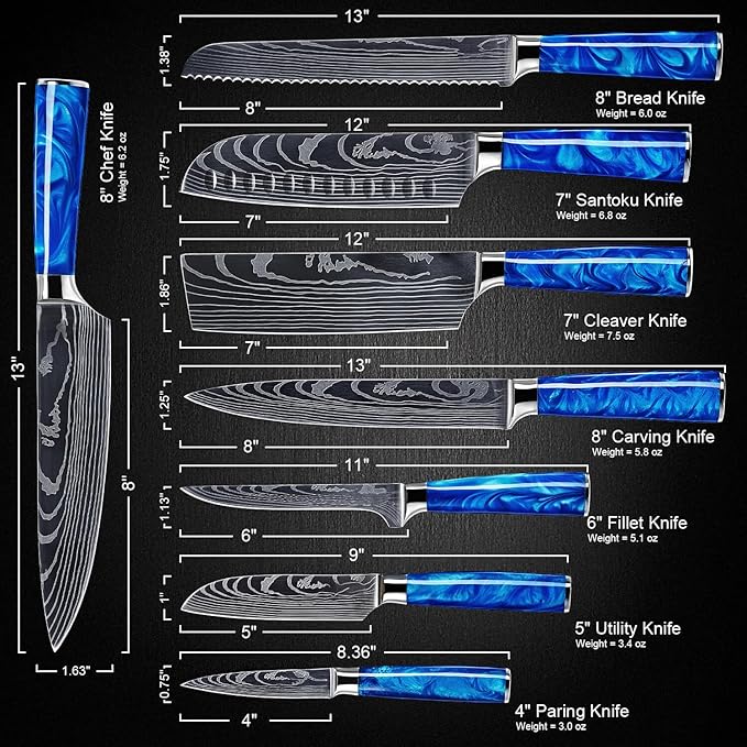 SENKEN 8-Piece Japanese Knife Set - Blue Resin Handle, Laser Damascus Blades - Chef's, Santoku, Bread & Paring Knives