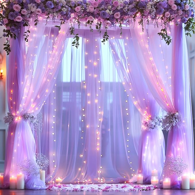 Lavender Tulle Backdrop Curtain with Lights String for Wedding Baby Shower 20×8ft Lavender Sheer Backdrop Curtain for Bridal Shower Birthday Party Photoshoot Background Decorations(4 Panels 5×8ft)