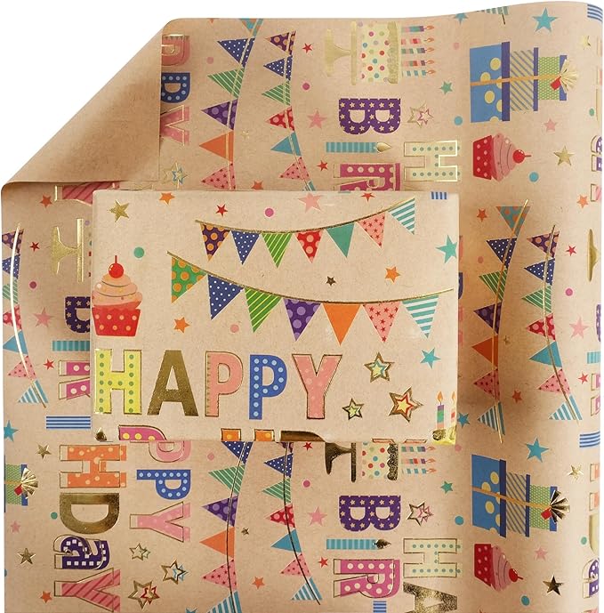 Aimyoo Colorful Birthday Wrapping Paper Roll - 17 Inch X 16.4 Feet - Gold Foil Happy Birthday Lettering, Cupcake & Flags Design Gift Wrap for Kids, Baby Showers