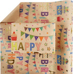 Aimyoo Colorful Birthday Wrapping Paper Roll - 17 Inch X 32.8 Feet - Gold Foil Happy Birthday Lettering, Cupcake & Flags Design Gift Wrap for Kids, Baby Showers