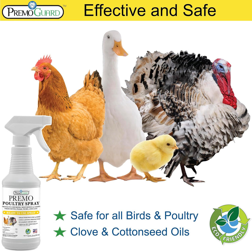 Poultry Spray by Premo Guard – 16 oz – Treat Mites, Fleas, Flies, and Lice – Effective Plant Based – Chicken, Turkey, Waterfowl, and Birds – Best Natural Protection for Control & Prevention