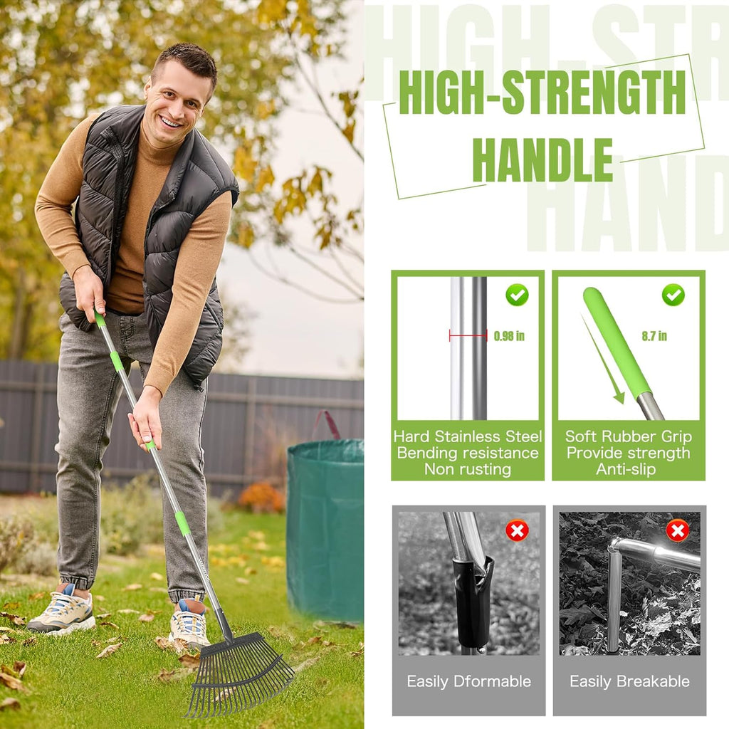 JOYHALO 65 Inch Rake for Leaves, 25 Tines Metal Leaf Rake Set with 32 Gallon Leaf Bags Scoops, Garden Rakes 18in Wide, Rakes for Gardening Lawns Yard Outdoor Camping Shrub Grass Bush