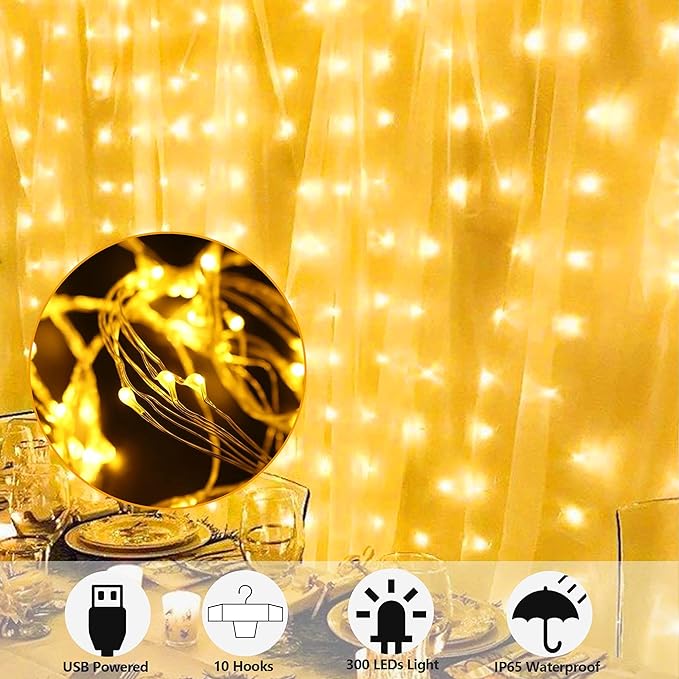HOME LIGHTING Window Curtain String Lights, 300 LED 8 Lighting Modes Fairy Copper Light with Remote, USB Powered for Christmas Party Wedding Home Decorations (Warm White)