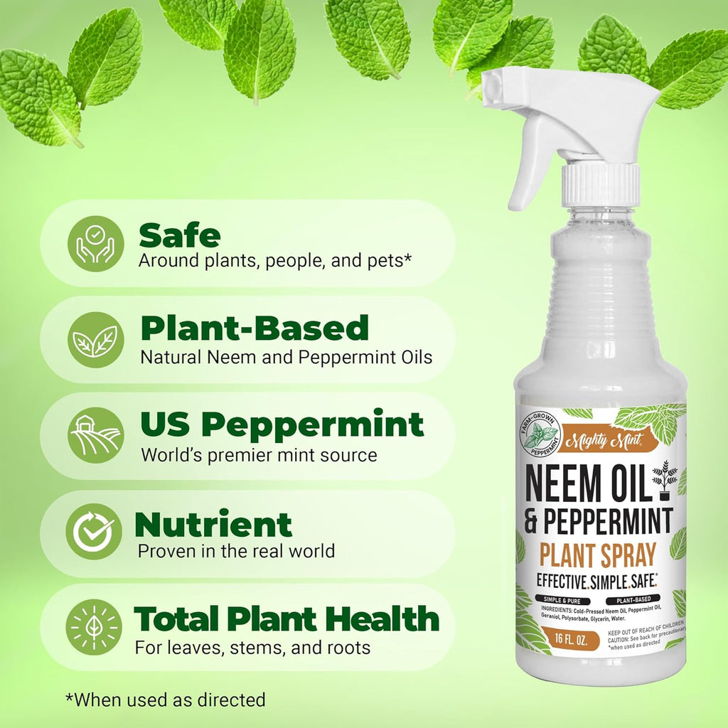 Mighty Mint Neem Oil & Peppermint Plant Nutrient Spray – Natural Leaf Shine for Indoor & Outdoor Use – Plant-Based Formula for Stronger, Healthy Plants - 16 oz (Pack of 2)