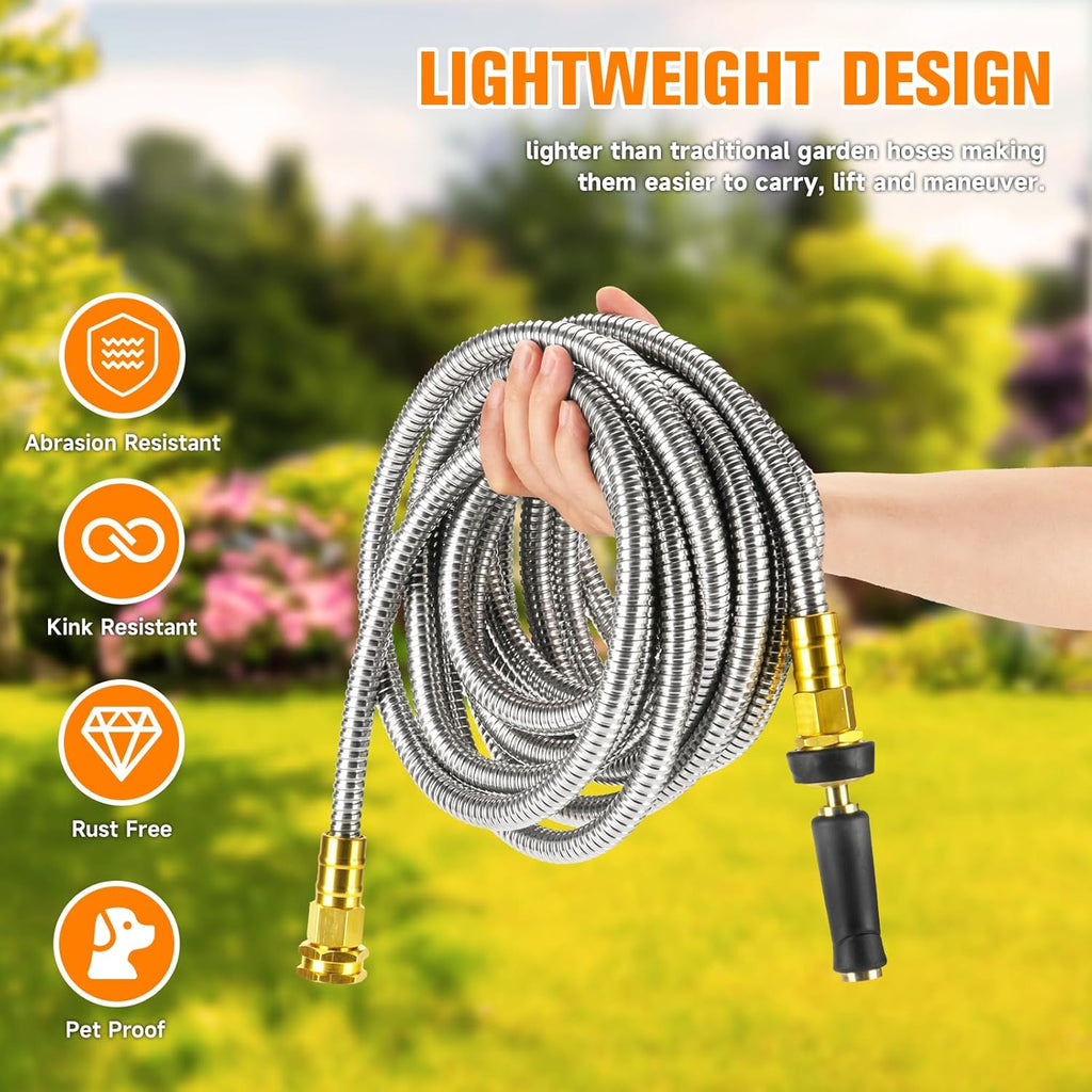 100 FT Garden Hose Expandable - 304 Stainless Steel Water Hose 100 FT - Heavy Duty Flexible Kink Free Hose, no Bite
