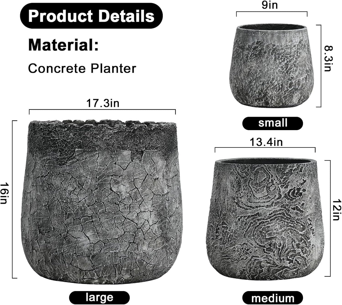 Craft flowerpots 18"+13"+9" Dia Round Concrete Planter Set of 3 Large Outdoor/Indoor Planter Pots Containers with Drainage Holes and Rubber Plug for Home Garden (Dark Gray, Large)