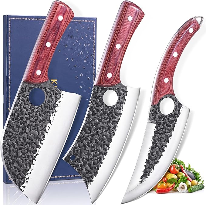 Butcher Knife Set, 3PCS Hand Forged Meat Cleaver, Sharp Serbian Chef Knife & Kitchen Knives & Viking Knives Set for Meat Cutting, Boning Knives for Home、Camping、BBQ Gifts Idea Men