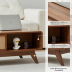 AVZEAR Mid Century Modern Coffee Table with Storage, Curved Edge Wood Coffee Table with Sliding Nature Linen Door, Farmhouse Center Table Rectangle Coffee Table for Living Room, Office, Walnut