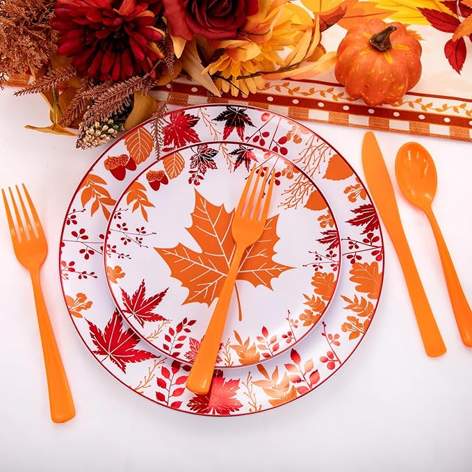 NOCCUR 180PCS Thanksgiving Plastic Silverware Disposable - Orange Plastic Cutlery Include 60 Forks, 60 Spoons, 60 Knives Ideal for Fall Party&Thanksgiving