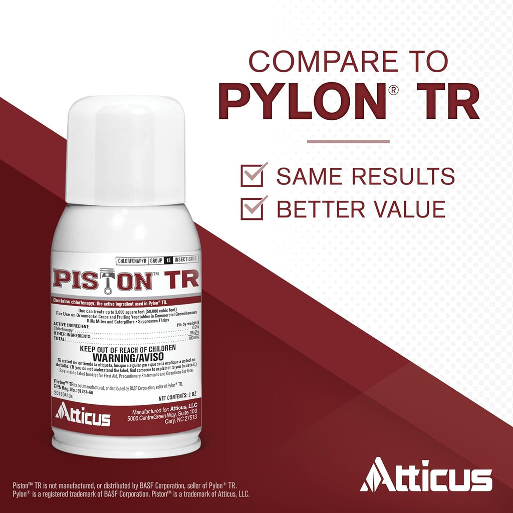 Atticus Piston TR Greenhouse Fogger (2oz Can) - (Compare to Pylon) - Total Release Chlorfenapyr Insecticide/Miticide - Controls Mites, Thrips, Caterpillars, and Adult Fungus Gnats