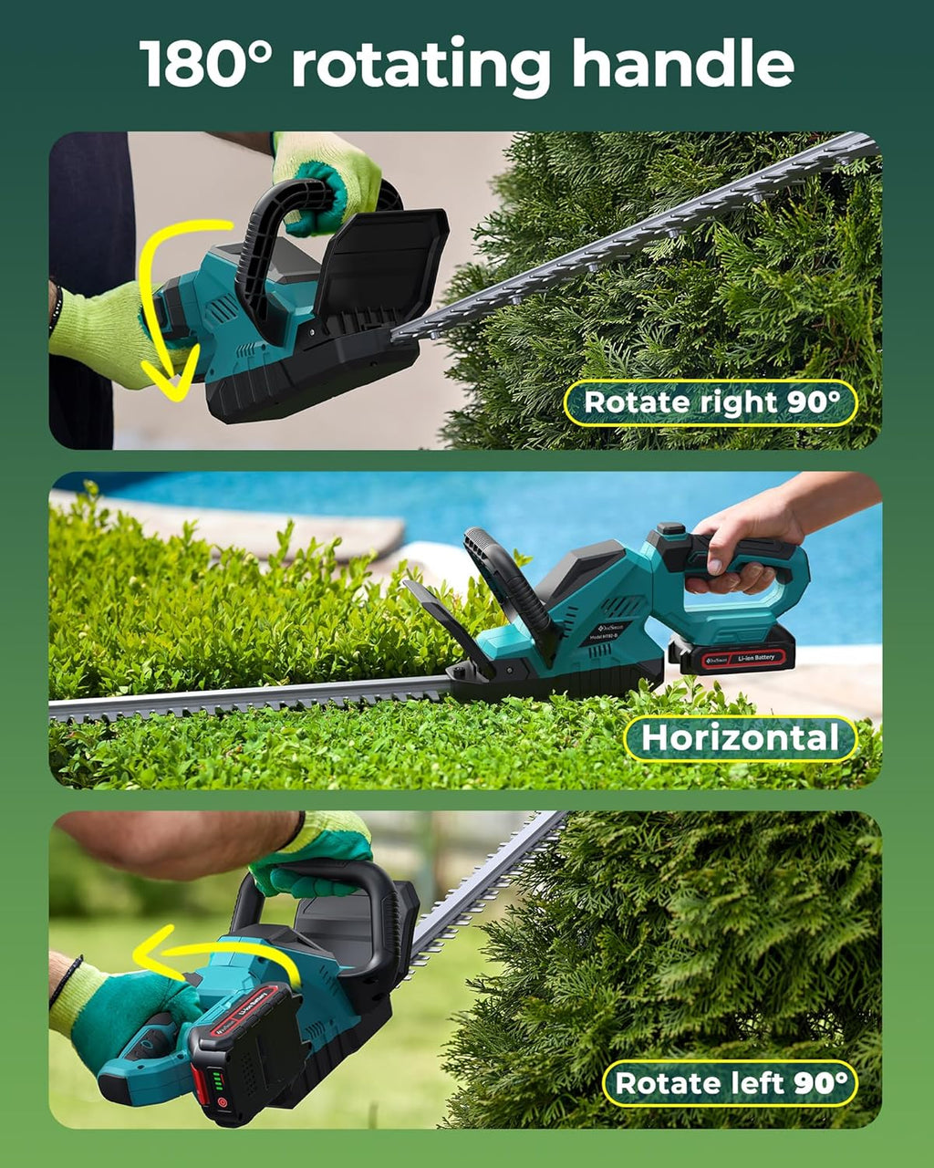 20'' Hedge Trimmer Cordless with Battery, Electric Handheld Bush Clipper with 2 Pack Rechargeable Batteries, 3000RPM 180° Rotatable Head, 2/3'' Blade Gap