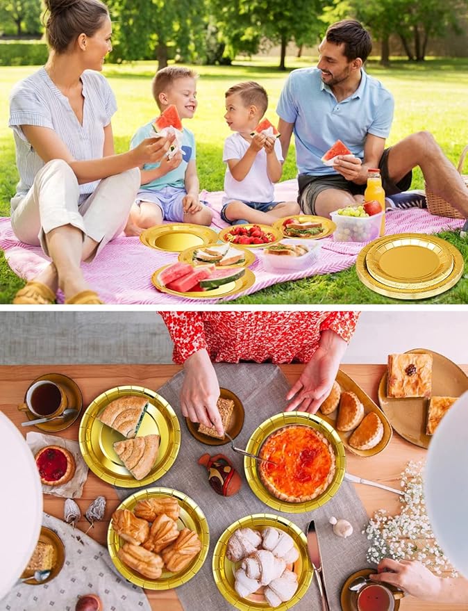 141 Pieces Gold Party Supplies, Party Dinnerware Sets Include Paper Plates Napkins Cups Silverware, for Wedding Bridal Shower Engagement Birthday Parties Decoration -20 Serves