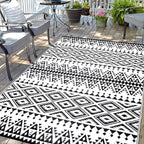 Waterproof Outdoor Rug 8x10ft, Bohemia Reversible Plastic Straw Mat for Patio RV Deck Porch Backyard Balcony Camping Picnic Beach Indoor Outdoor Carpet, Black&White