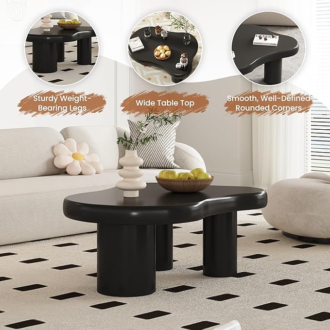 Coffee Table- Cloud Coffee Table, 38'' Wood Round Edge Tables with Unique Irregular Curves, Cute Center Tables for Living Room Apartment, Easy Assemble& Clean
