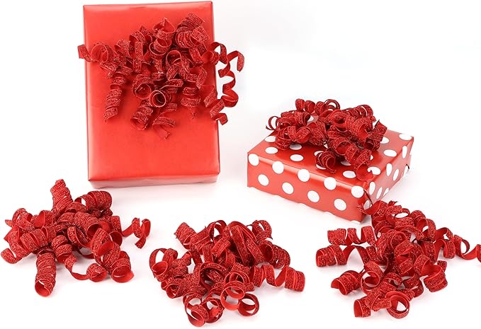 6" Metallic Glitter Red Self Adhesive Curly Ribbon Gift Wrap Bows for Christmas, Holiday, Birthday, Wedding, Presents, Party Favors Decorations 6-Count